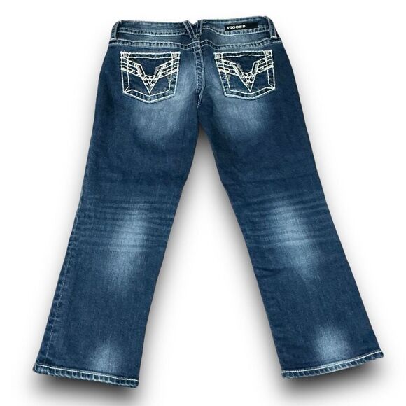 Vigoss Distressed Dark Wash The Chelsea Capri Blue Jeans - Picture 3 of 14